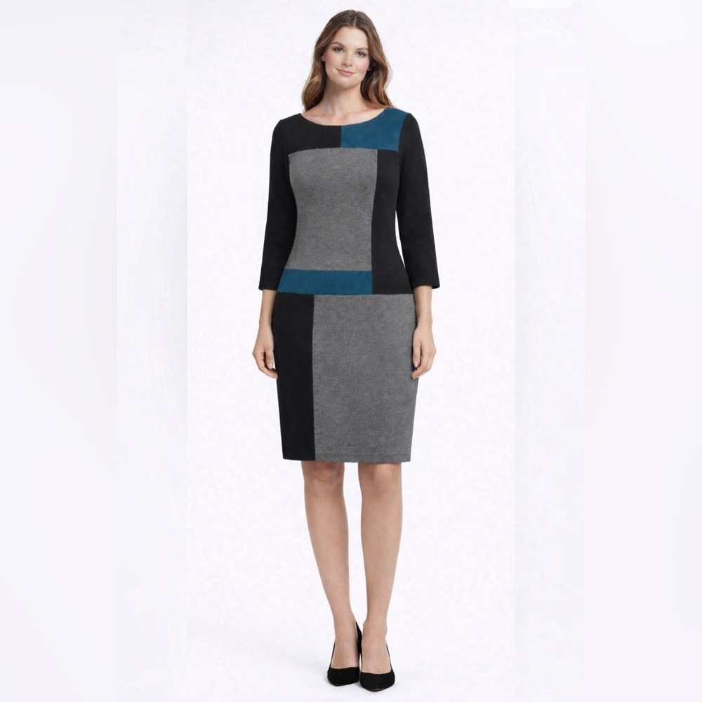 London Times Color Block Long Sleeve Dress